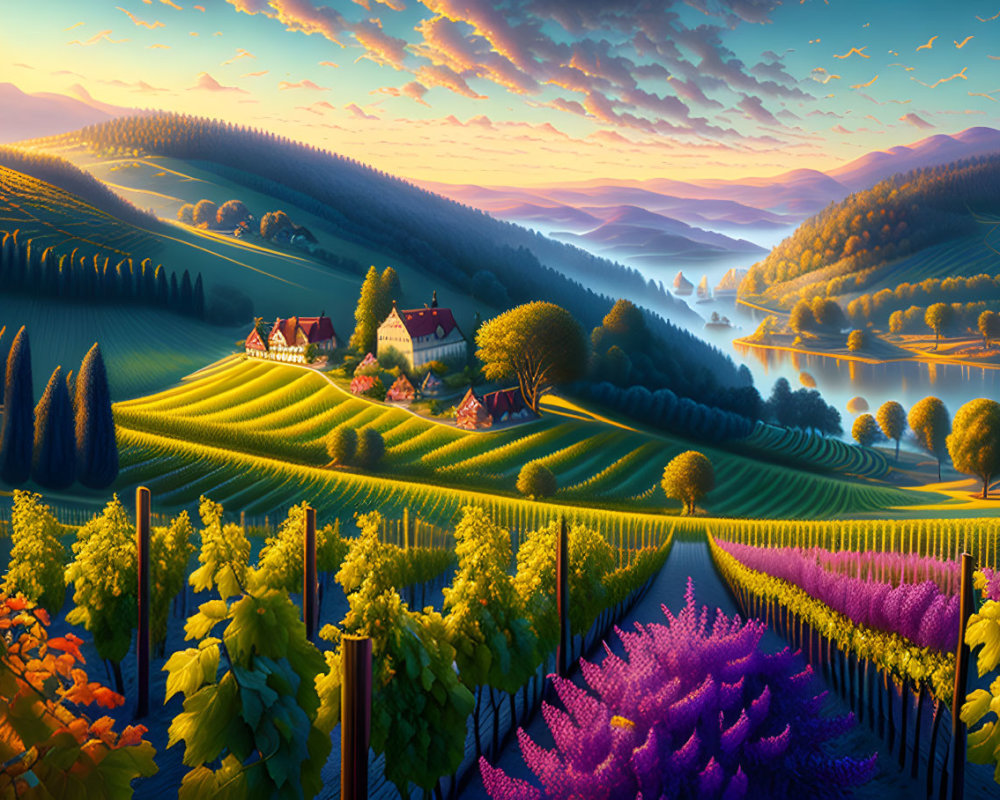 Colorful Vineyard Hills and River Landscape at Sunrise