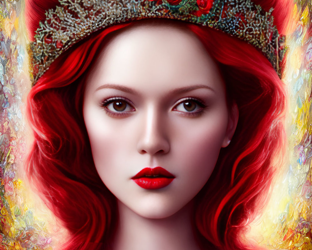 Vibrant red-haired woman with jeweled crown in digital art