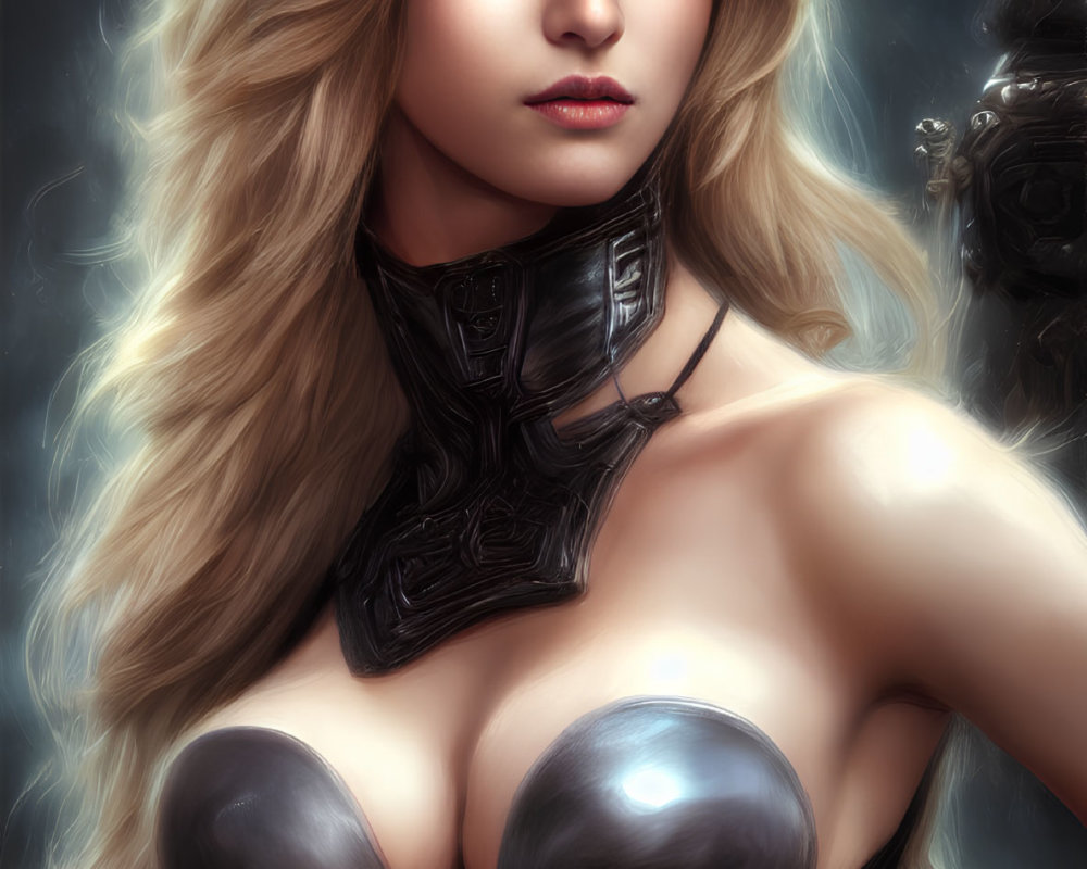Blond woman in fantasy black armor corset on misty background