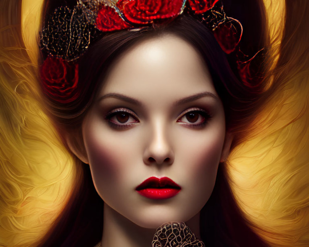 Woman with dark hair and striking makeup in regal headpiece with red flowers.