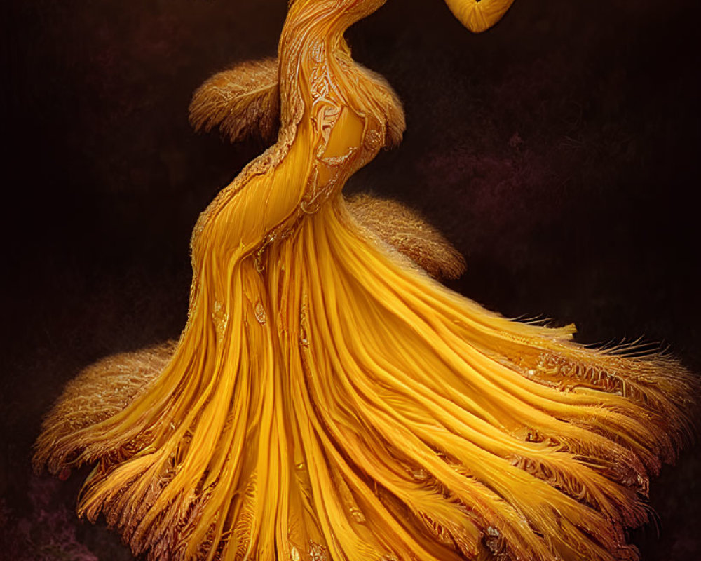 Illustration of figure in ornate golden gown with mushroom-like design