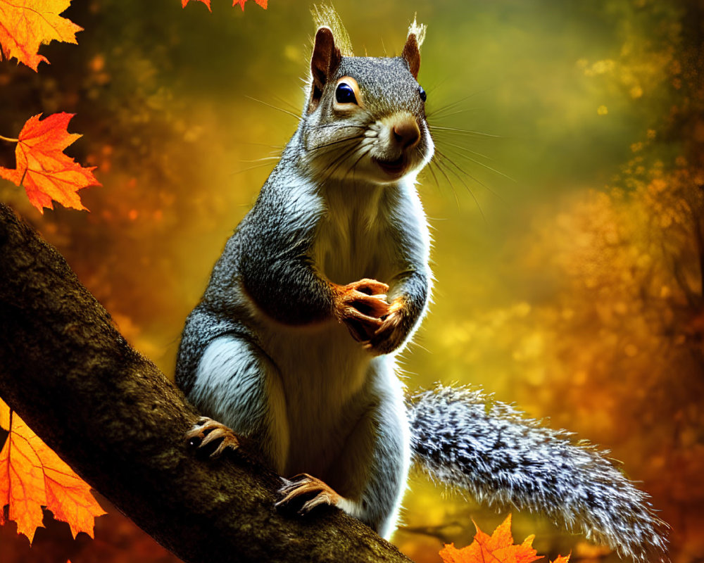 Squirrel with nut on autumn branch among vibrant leaves
