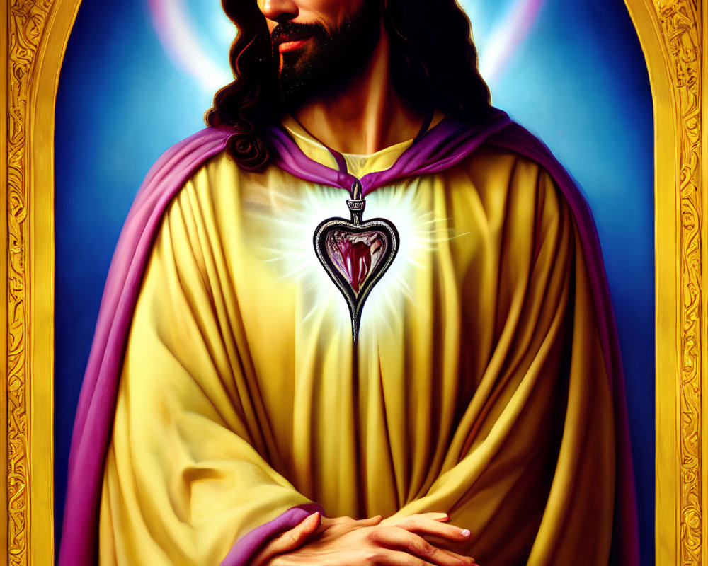 Vibrant religious illustration with heart symbol, yellow and purple robes on figure, set against blue orn