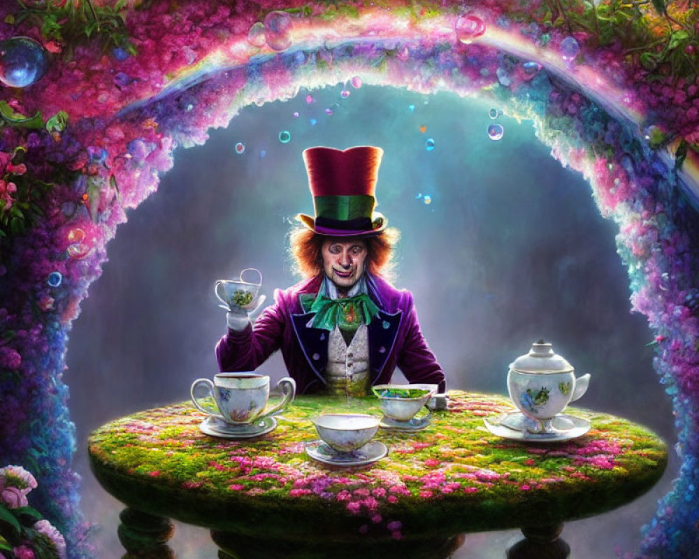 Whimsical tea party scene with character in green top hat and suit