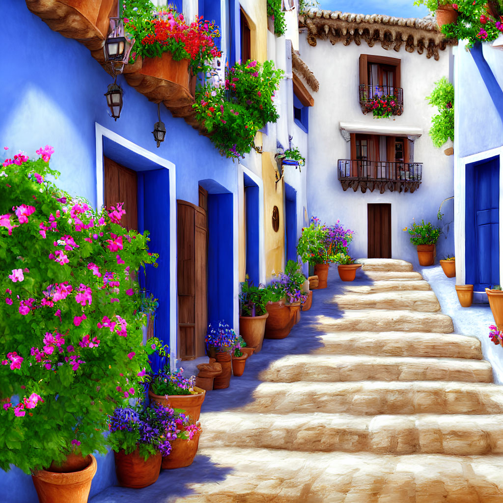 Vibrant blue alley with colorful flowers and plants under clear sky