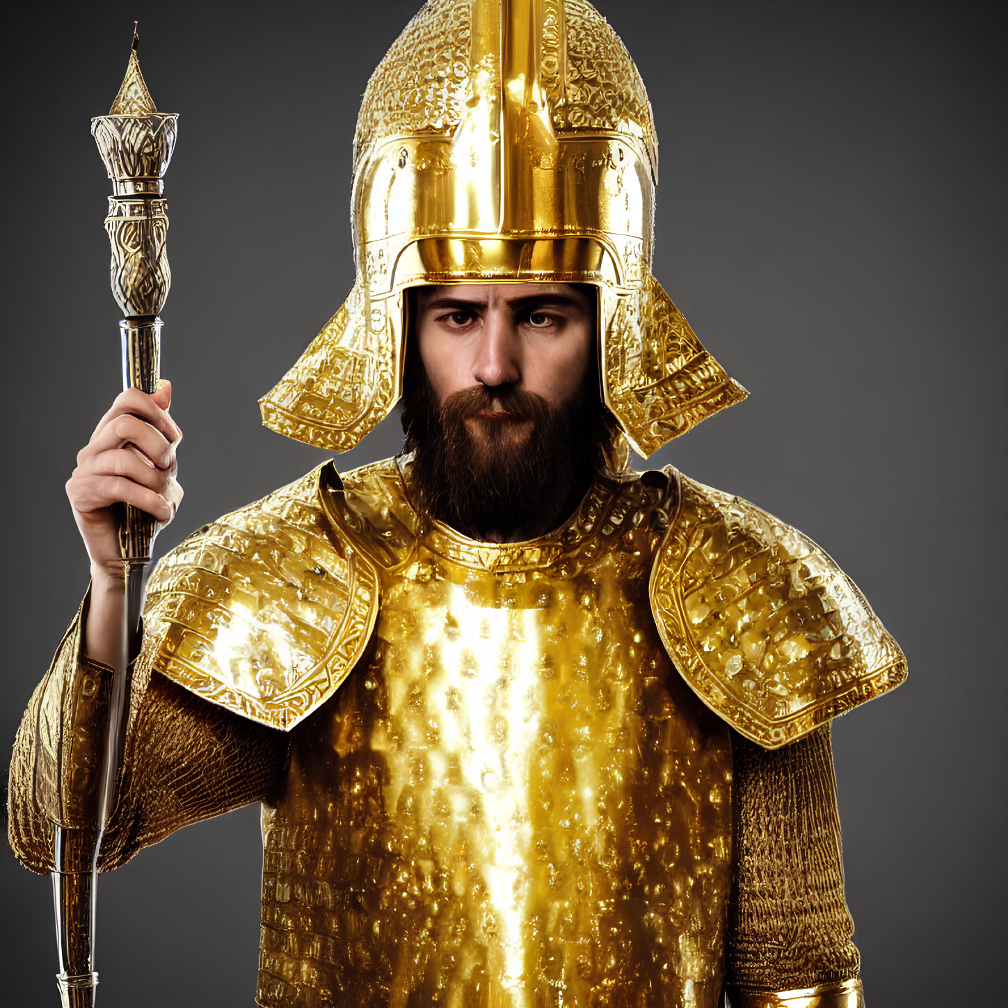Man in ornate golden armor with spear on gray background