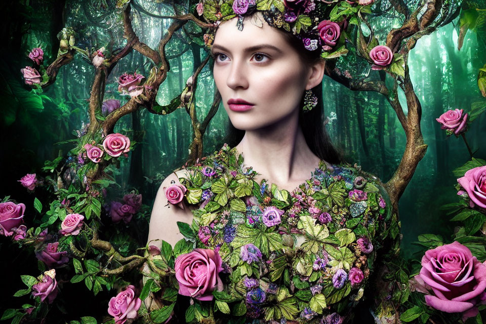Woman blending into lush forest background with flowers and leaves.