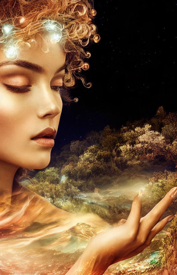 Surreal portrait of woman with cosmic theme and nature connection