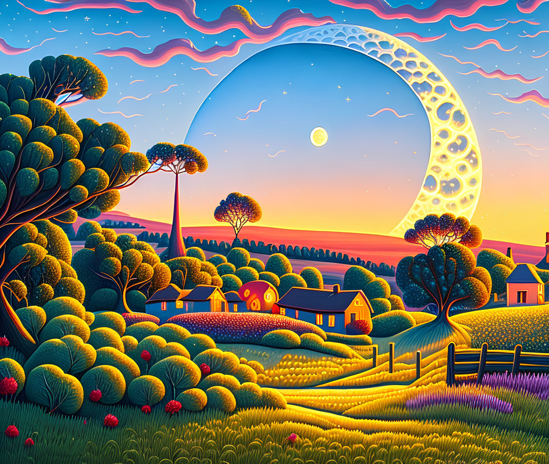 Vibrant surreal landscape with whimsical trees and crescent moon