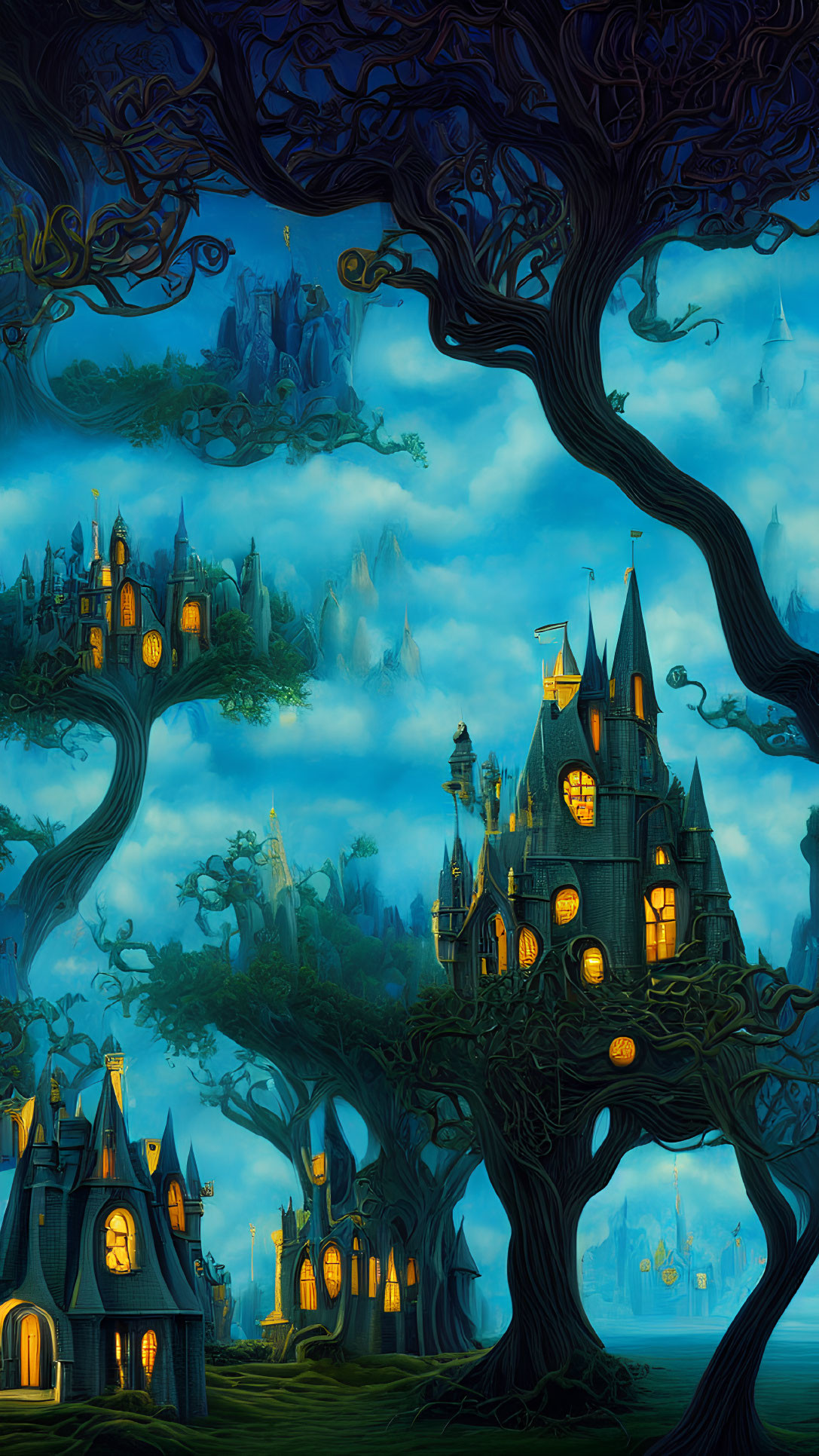 Twisted trees and gothic castles in enchanted evening landscape