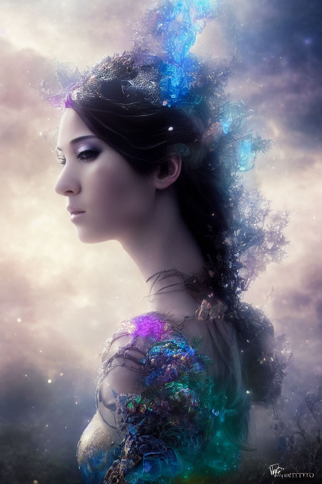 Fantasy woman with iridescent crystals in hair and cosmic backdrop