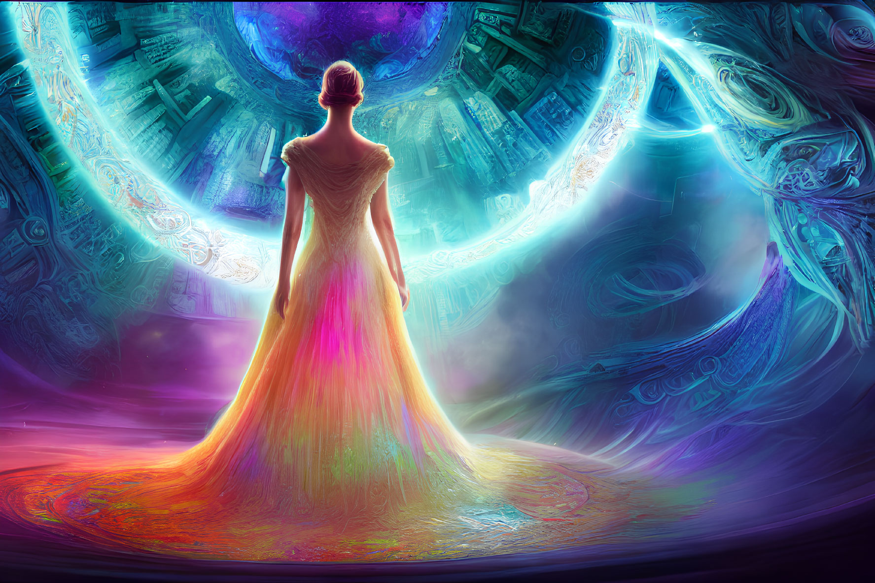 Person in Elegant Gown in Front of Vibrant Neon Portal