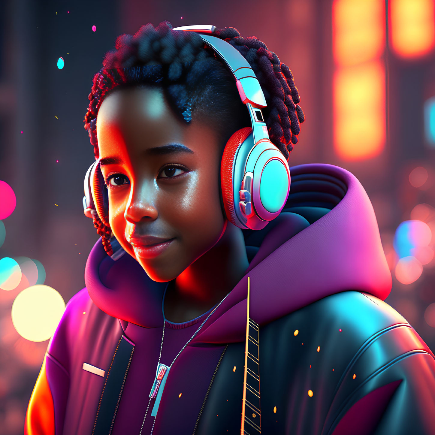 Person in Purple Hoodie with Headphones in Night Street Scene