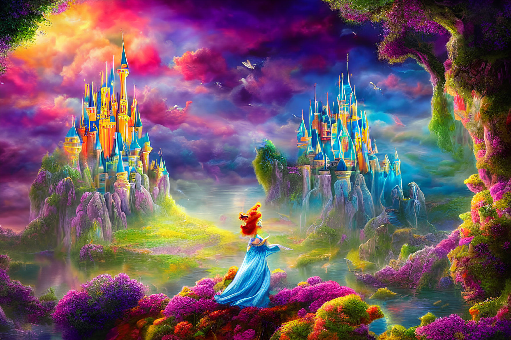 Colorful Fantasy Landscape with Castle, Trees, Birds, and Woman in Blue Dress