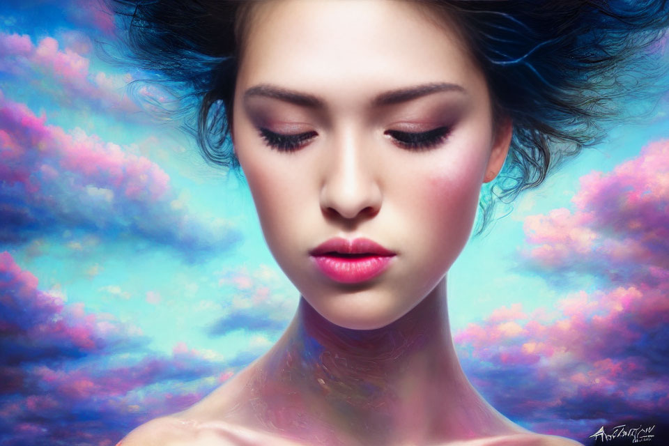 Serene woman with closed eyes in colorful, dreamy background