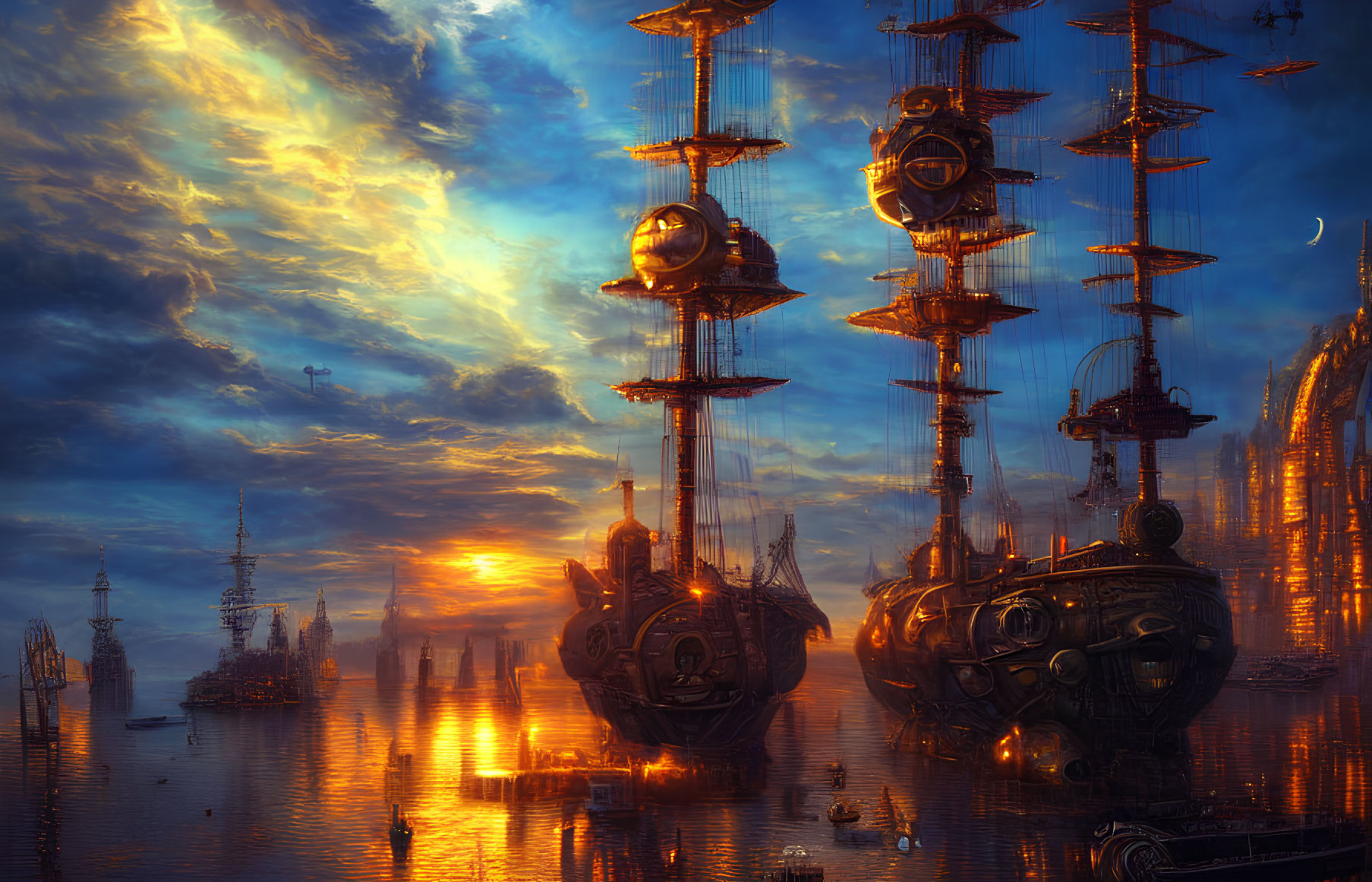 Fantasy sunset harbor with towering ships and intricate masts against dramatic sky