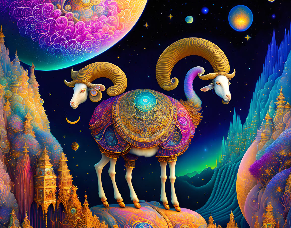 Symmetrical ram with ornate patterns in cosmic fantasy artwork