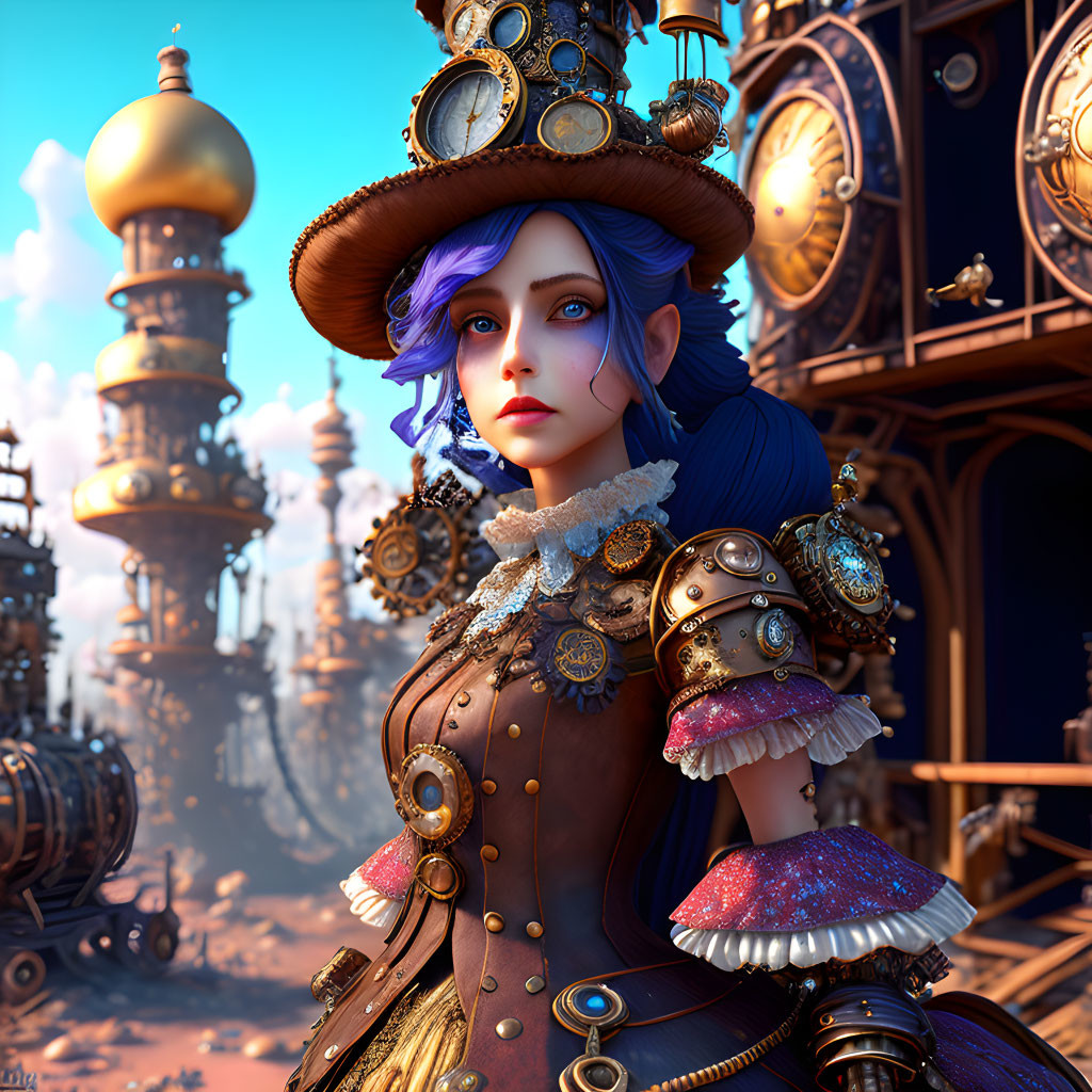 Detailed 3D illustration of woman in steampunk attire with blue hair