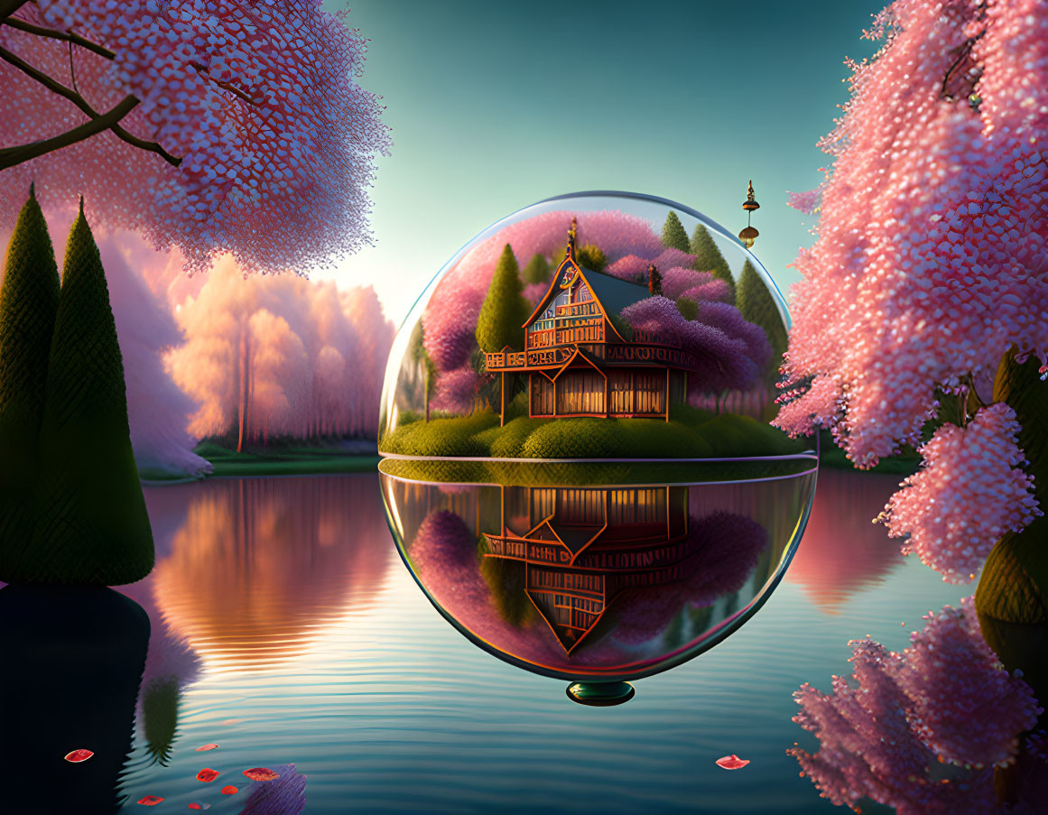 Glass sphere encapsulating miniature chalet in serene fantastical landscape