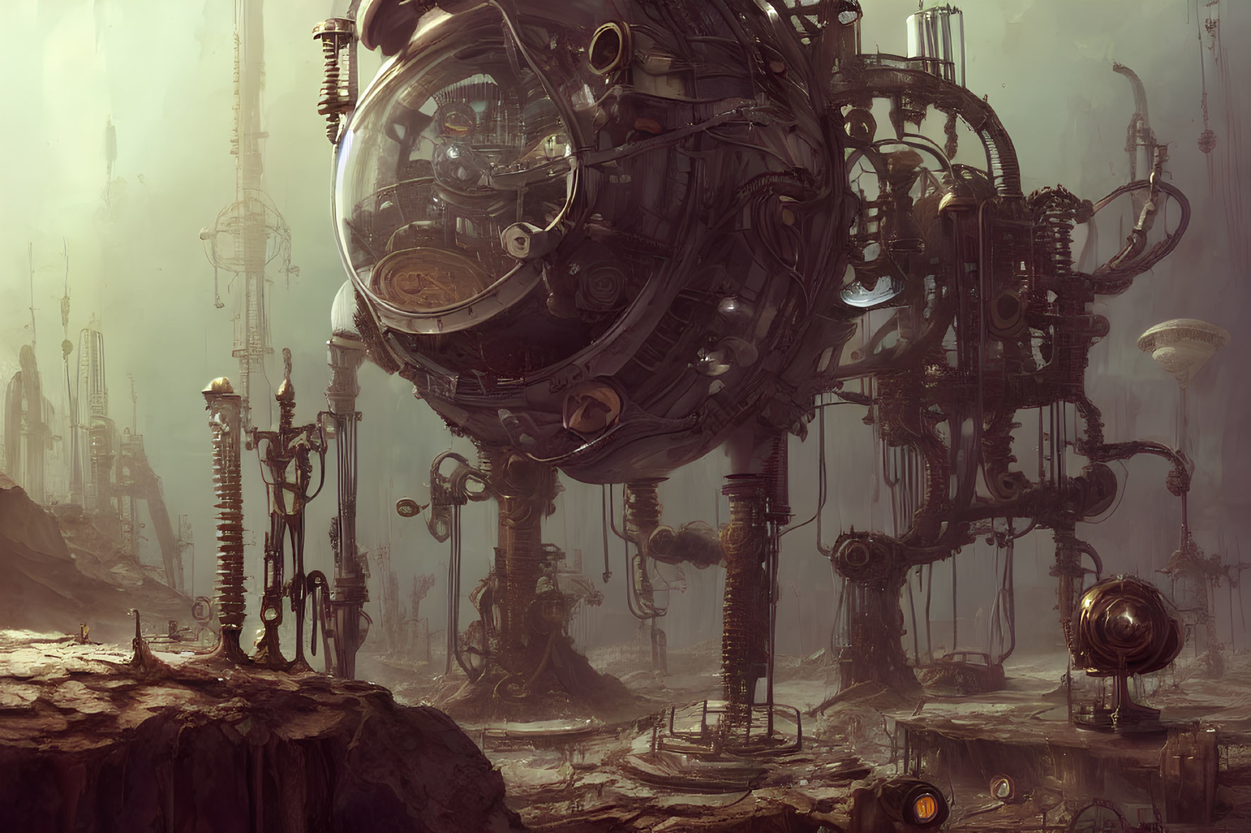Steampunk landscape with towering structures and intricate machinery