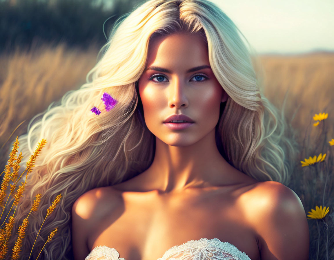 Blonde Woman with Butterfly on Face in Golden Field at Dusk