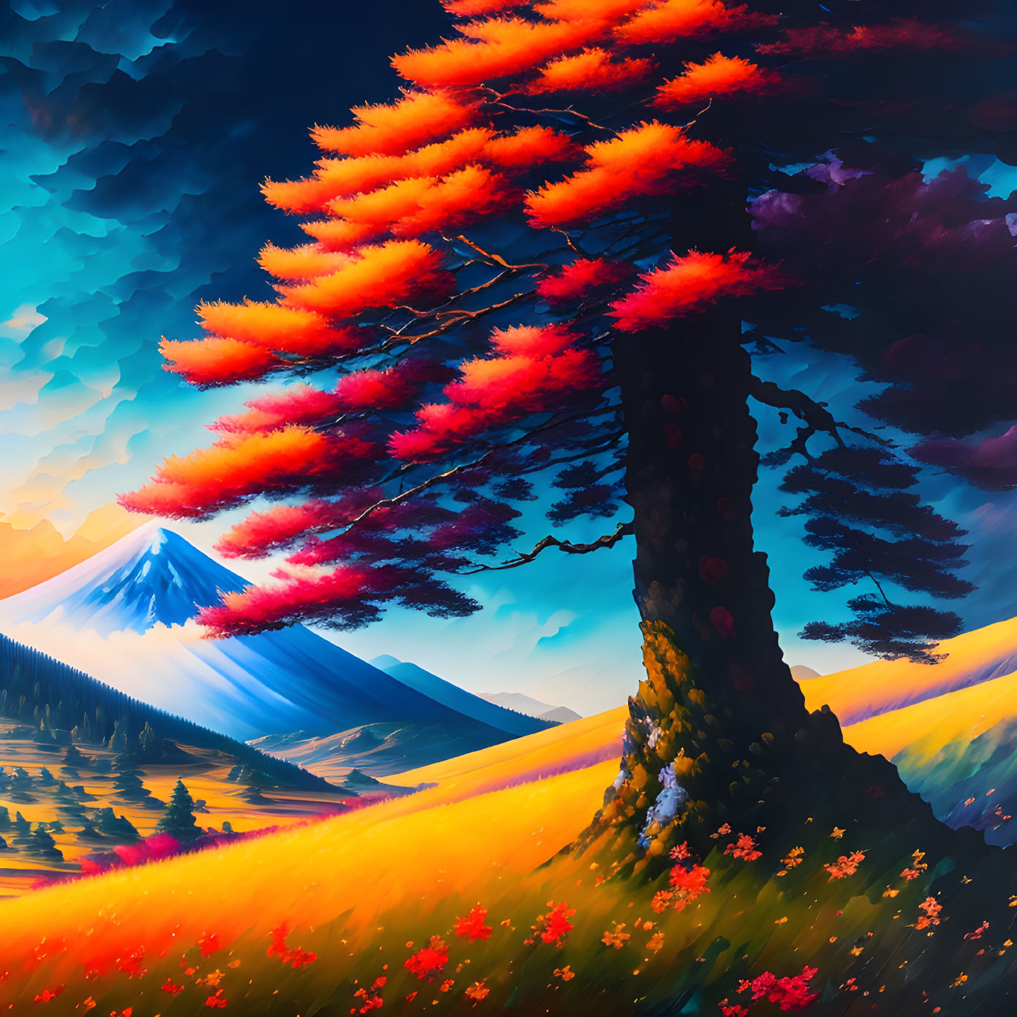 Vibrant digital painting of lone tree with fiery orange leaves against mountain backdrop
