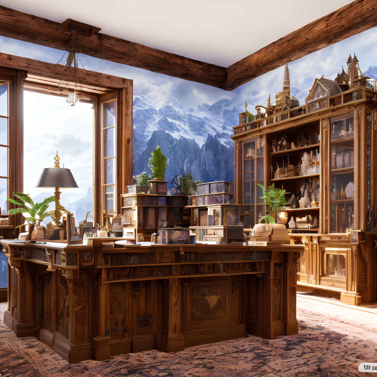 Classic Wooden Office with Bookshelf, Desk, and Mountain View
