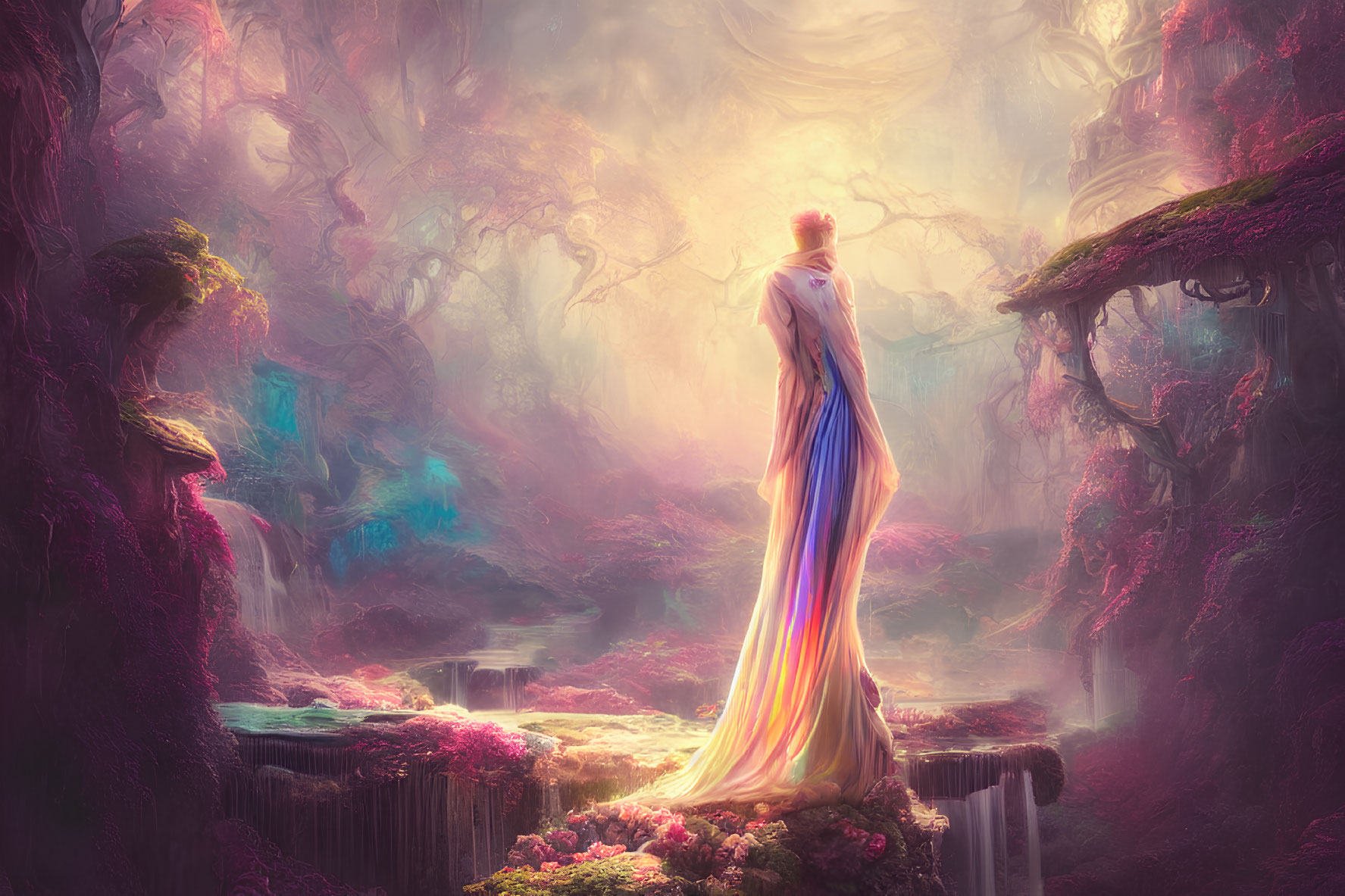 Person in Colorful Robe Overlooking Mystical Forest with Ethereal Trees