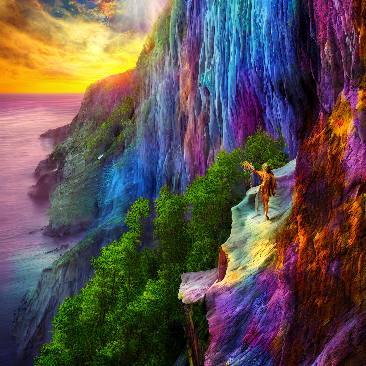 Colorful Waterfall on Vibrant Cliffside Overlooking Ocean at Sunset