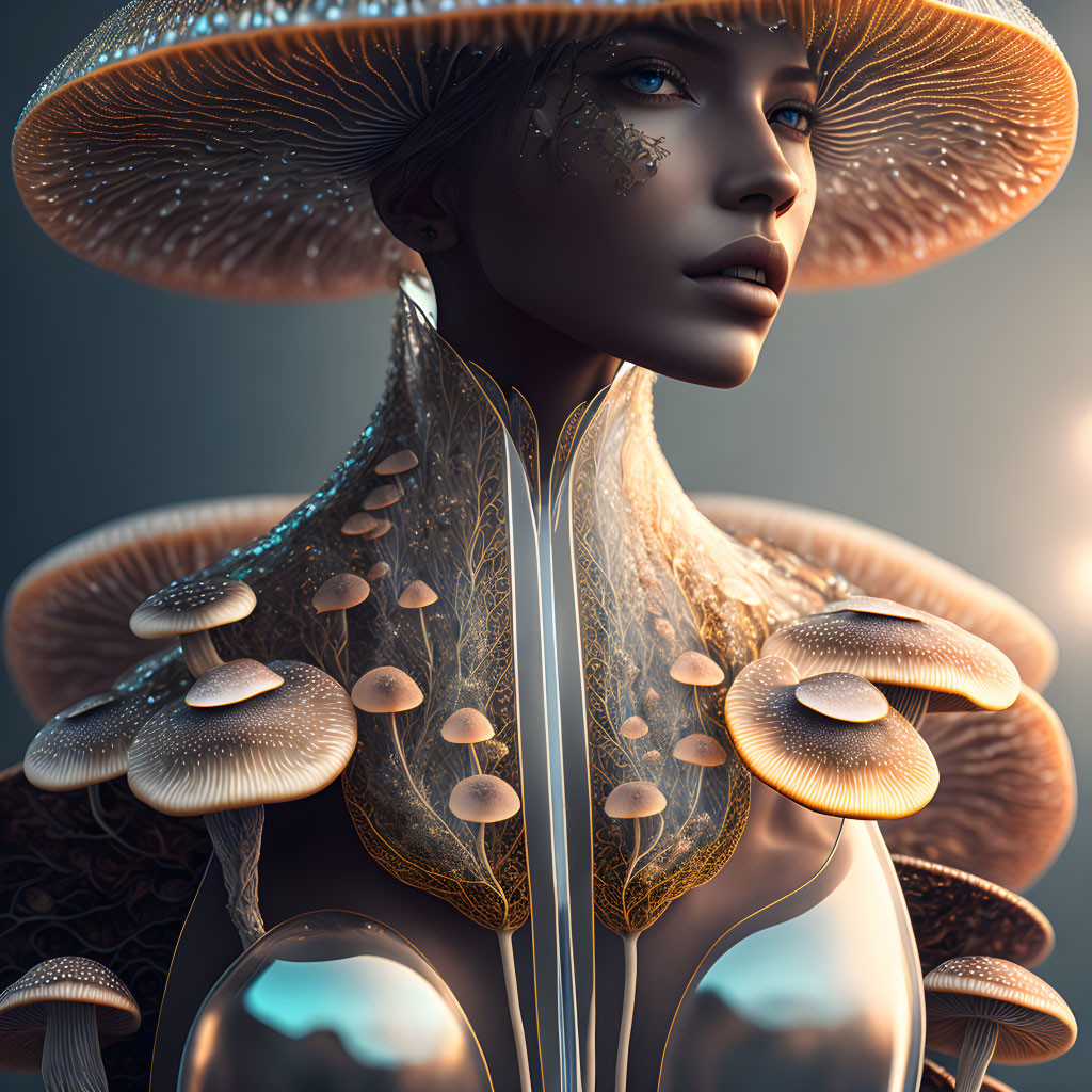 Surreal female figure with mushroom adornments and intricate patterns on skin