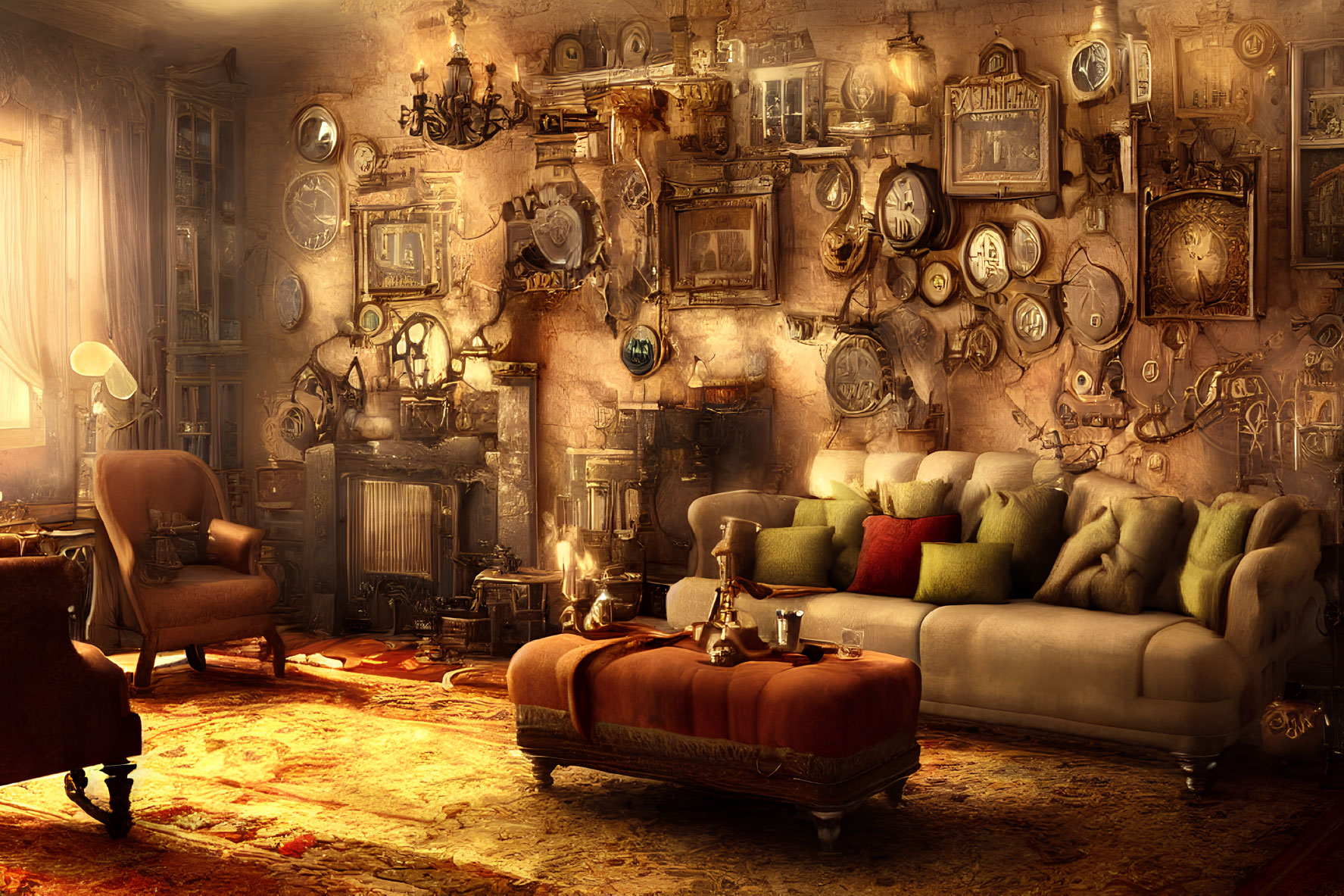 Room with Vintage Clocks, Sofa, Armchair, and Cozy Lighting