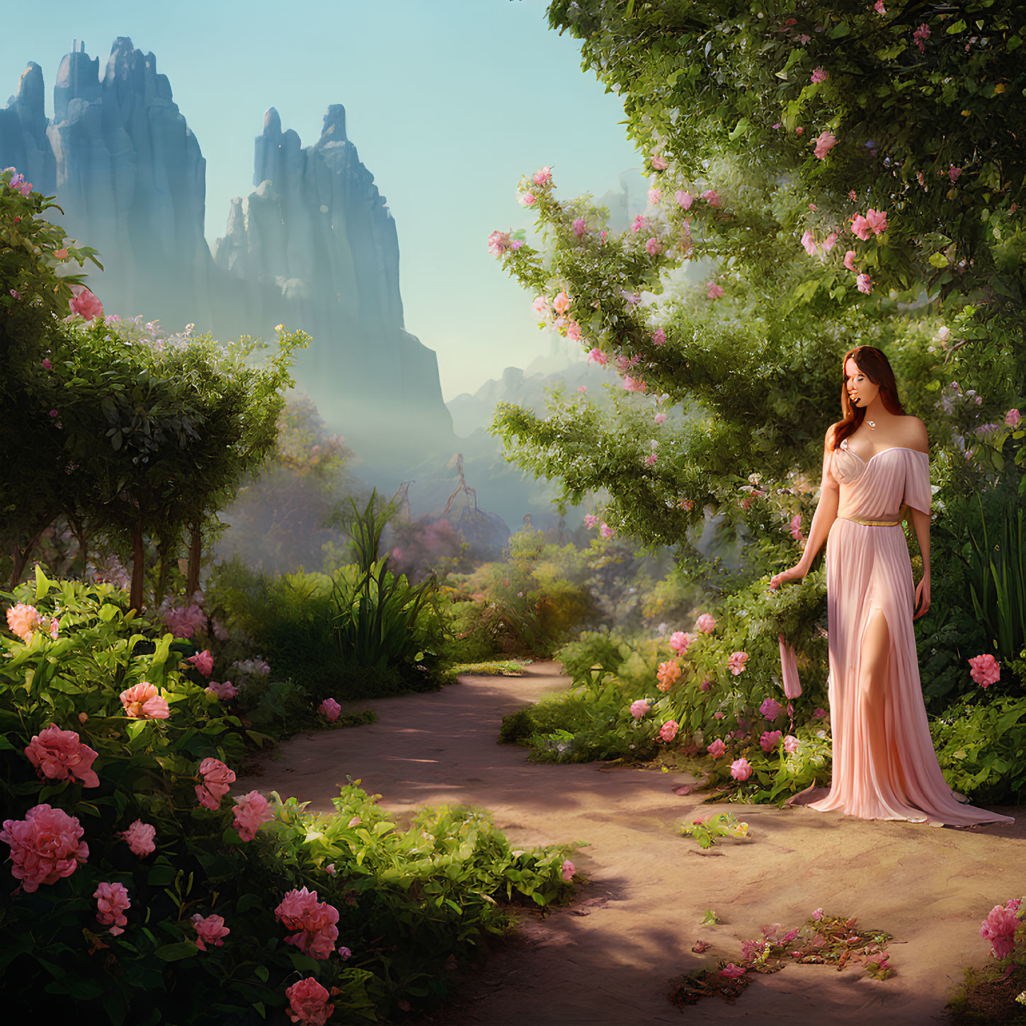 Woman in Flowing Dress Surrounded by Garden Path and Mountains