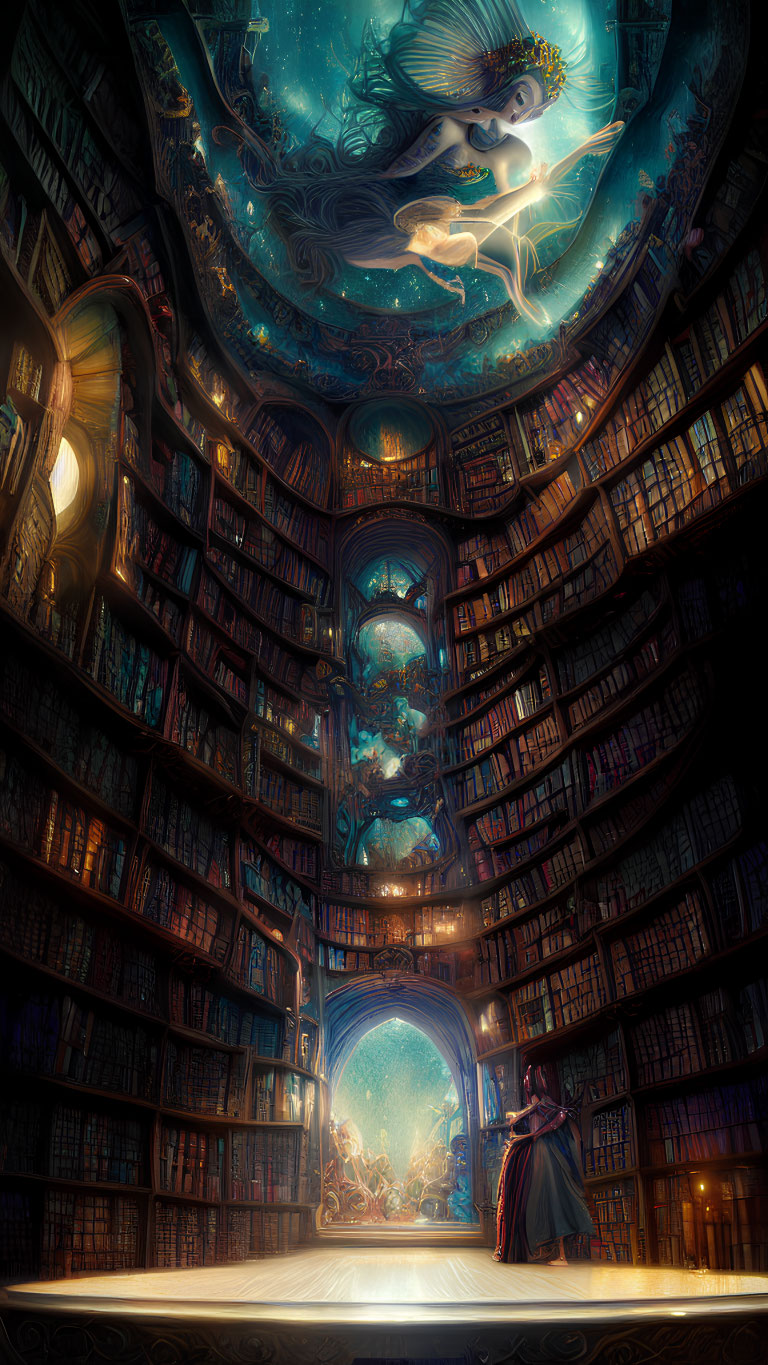 Fantastical library with towering bookshelves and mystical figures