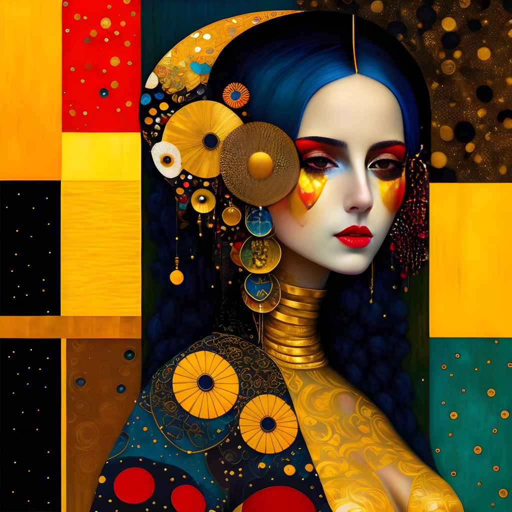 Colorful Geometric Portrait of Woman with Blue Hair and Golden Accessories