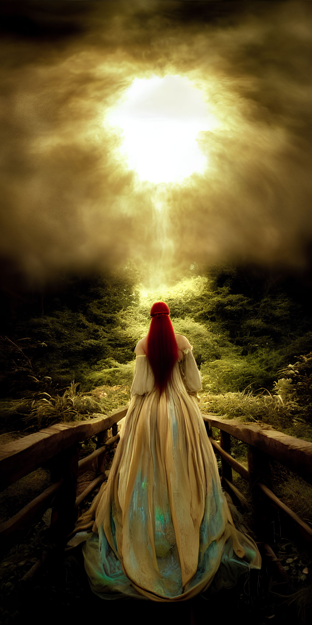 Woman in flowing dress on wooden bridge gazes at luminous sunlit forest