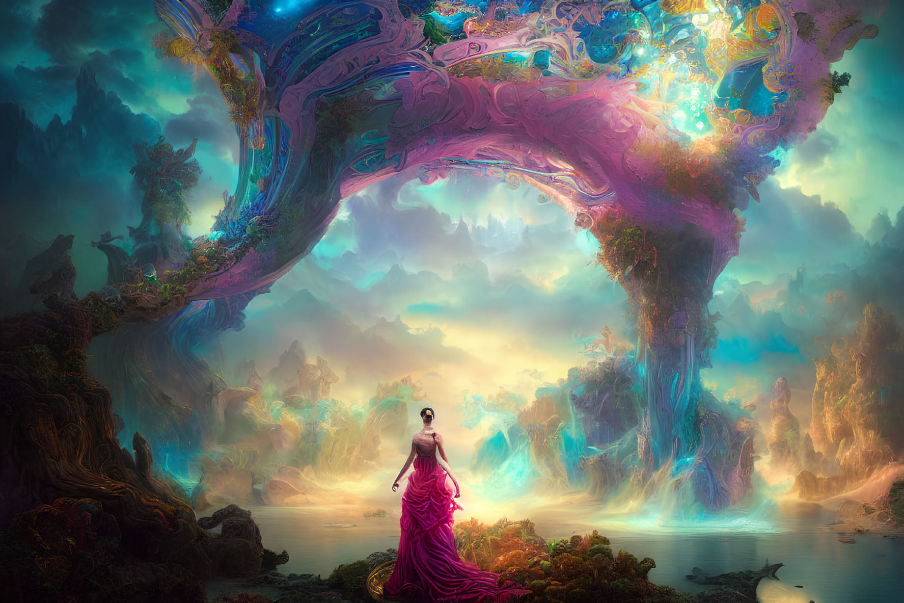 Woman in pink dress under ornate arch in vibrant, ethereal landscape