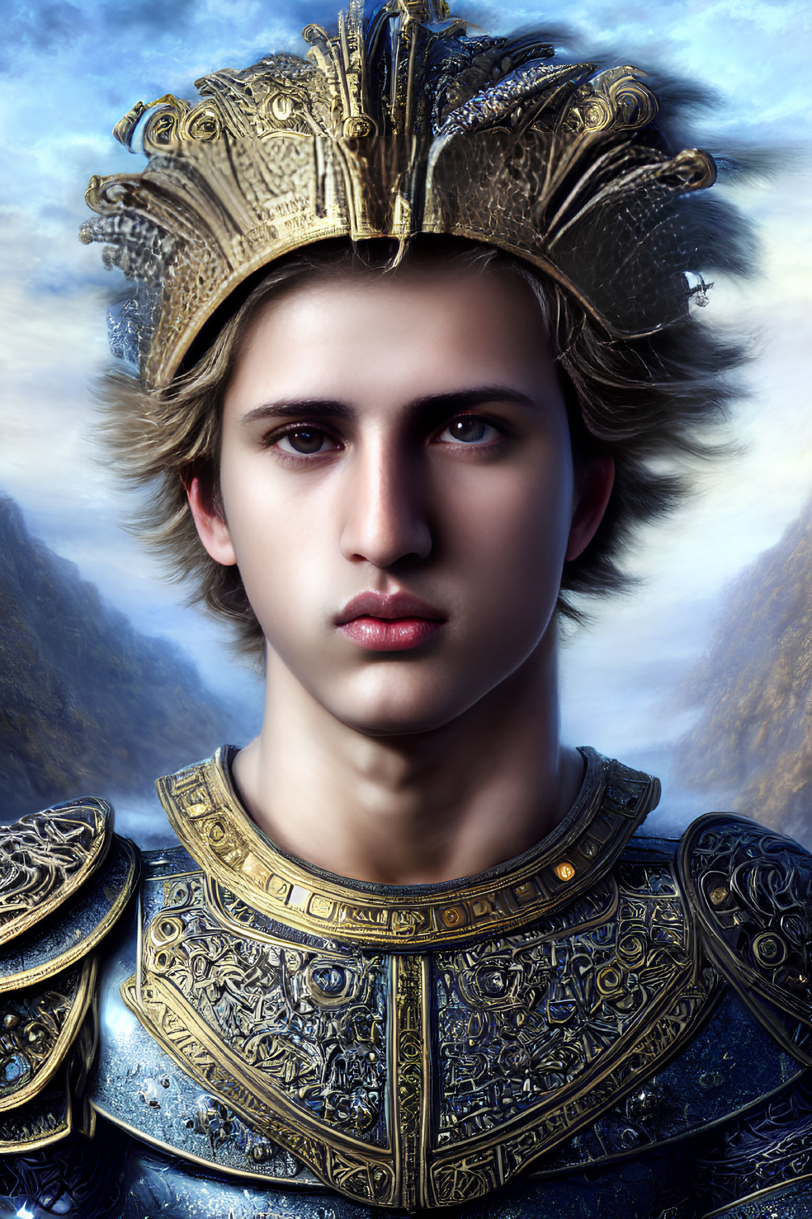 Digital Artwork: Young Person in Golden Crown and Blue Armor against Mountainous Background