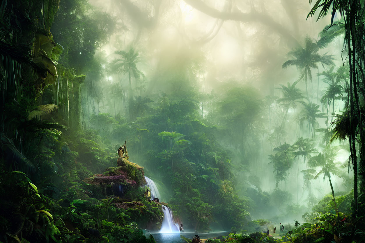 Lush Greenery, Cascading Waterfall, Sunlight in Mystical Forest