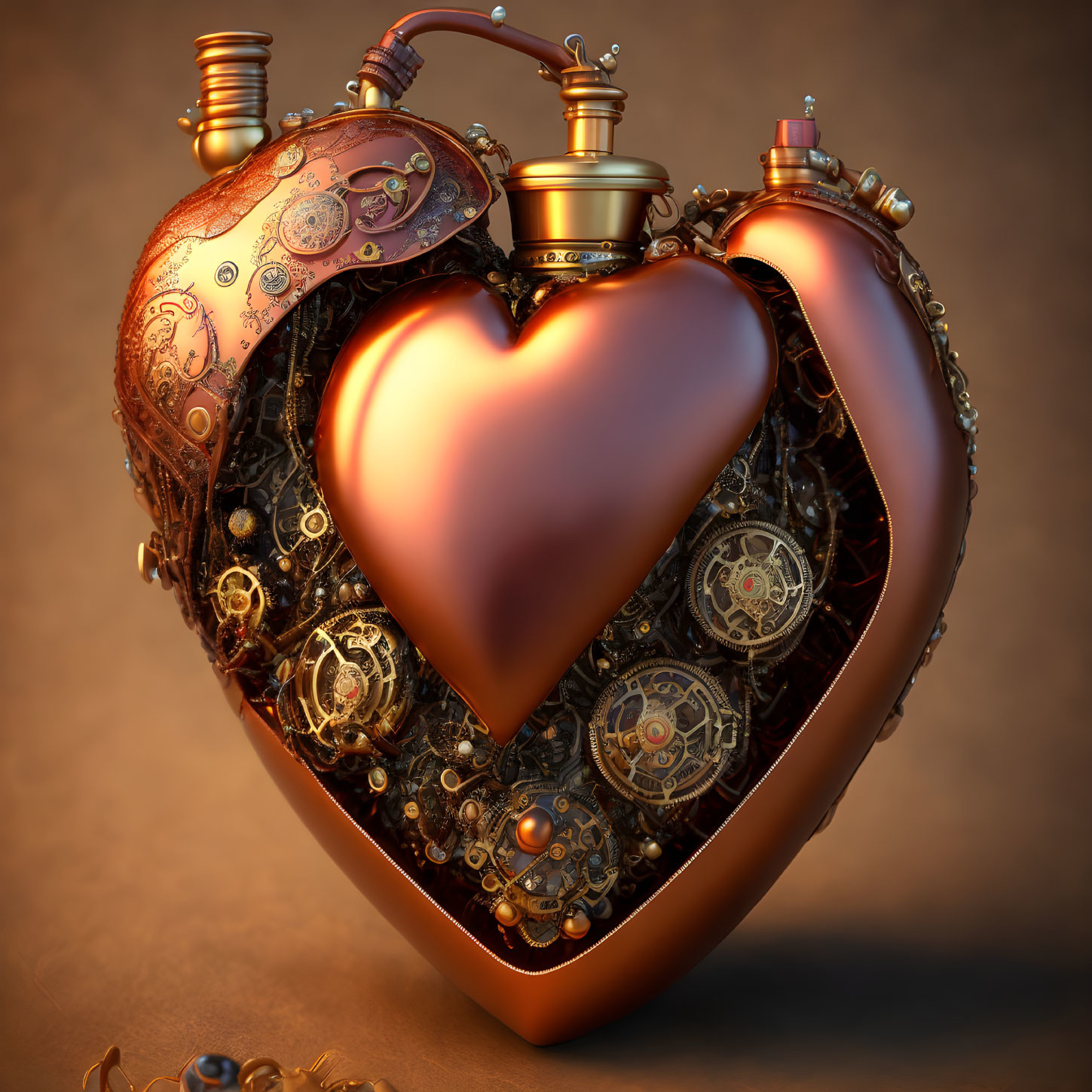 Steampunk heart with gears and metallic decorations on warm background