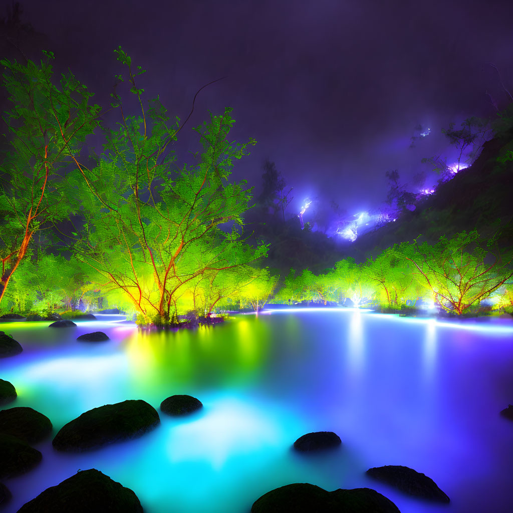Ethereal scene of glowing blue water and illuminated trees in misty forest