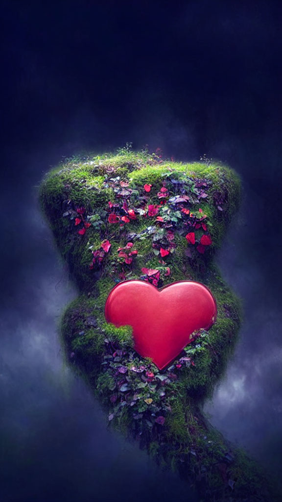Heart-shaped island with lush green moss and vibrant flowers, red heart center, mystical fog.