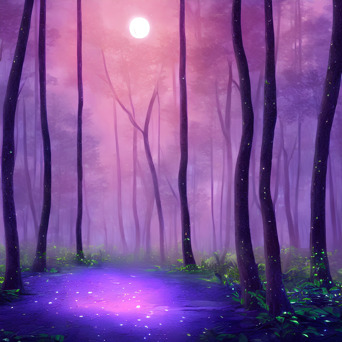 Mystical forest with tall trees, purple fog, luminous path, and bright moon