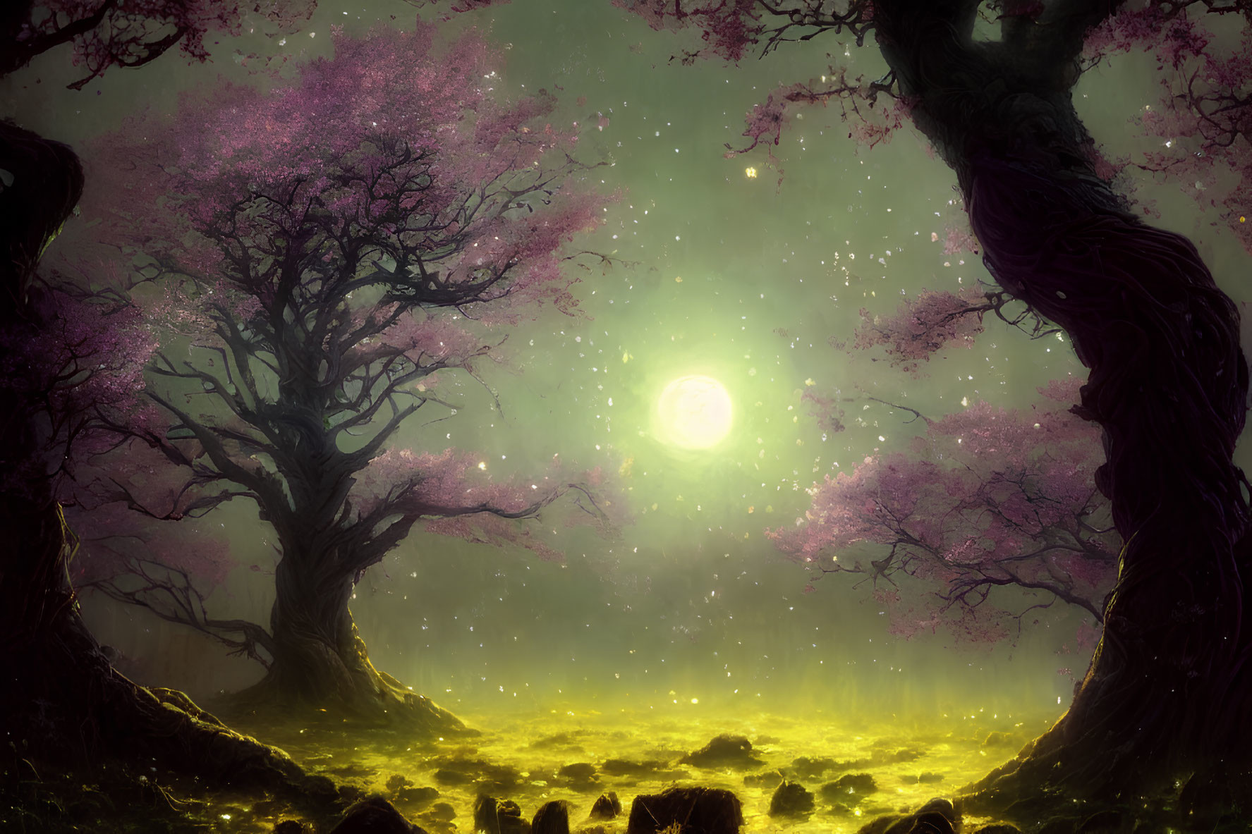 Ancient trees with pink blossoms in mystical yellow meadow under star-filled sky