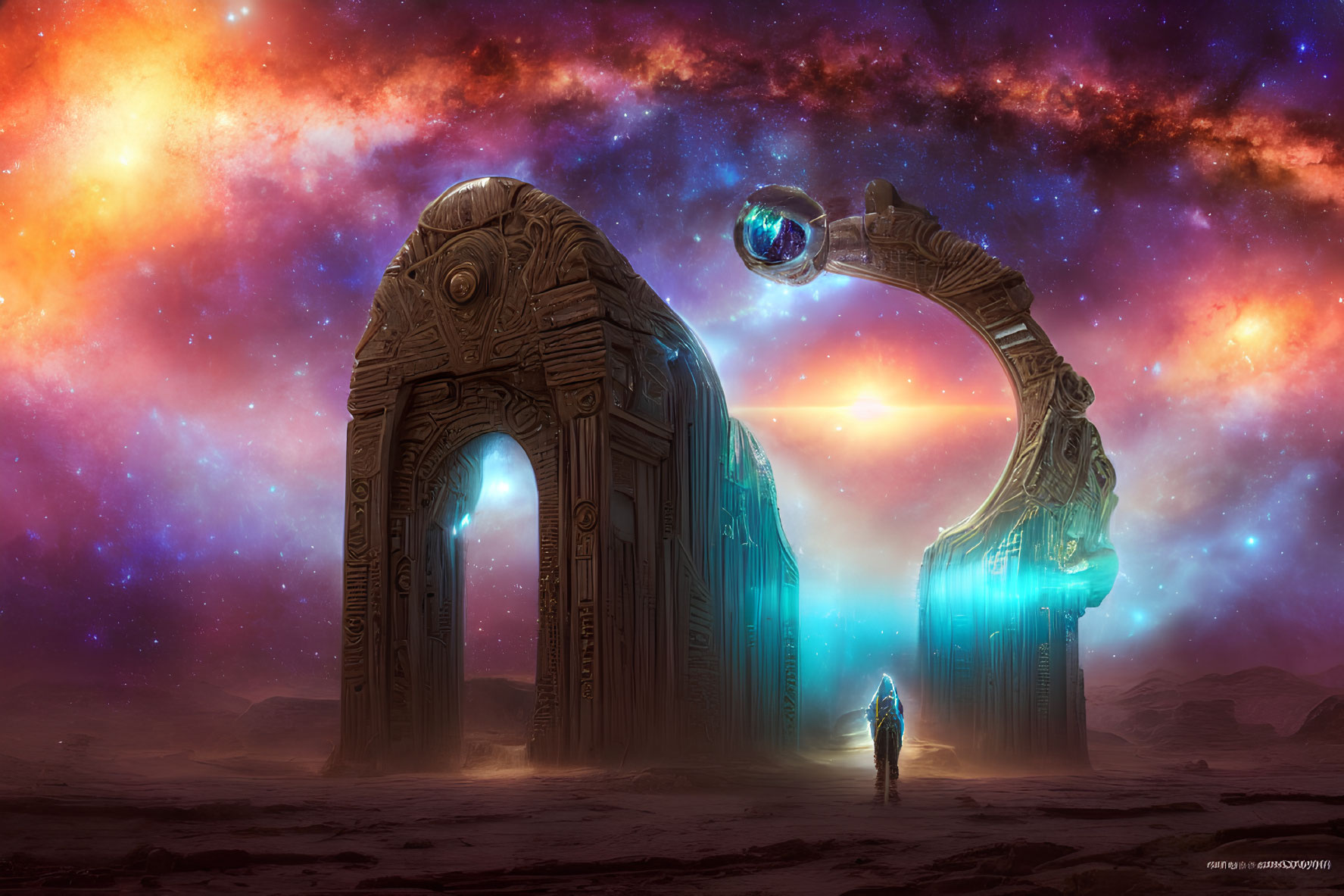 Person standing before large alien gateways in cosmic landscape