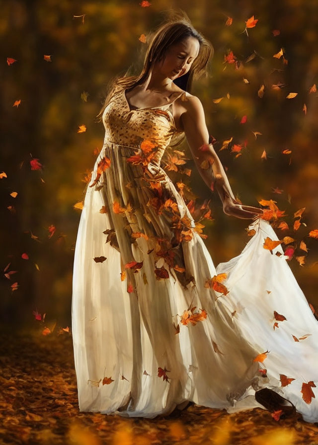 Woman in elegant dress surrounded by autumn leaves in golden forest