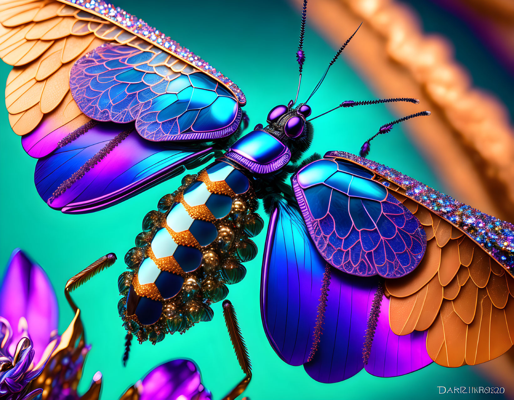 Colorful Jewel Beetle Art with Iridescent Wings on Teal Background