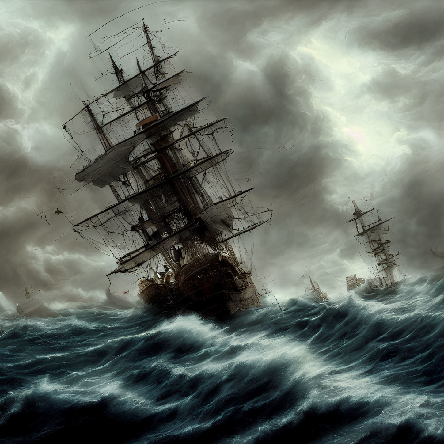 Tall Ships Battling Harsh Seas Under Ominous Clouds