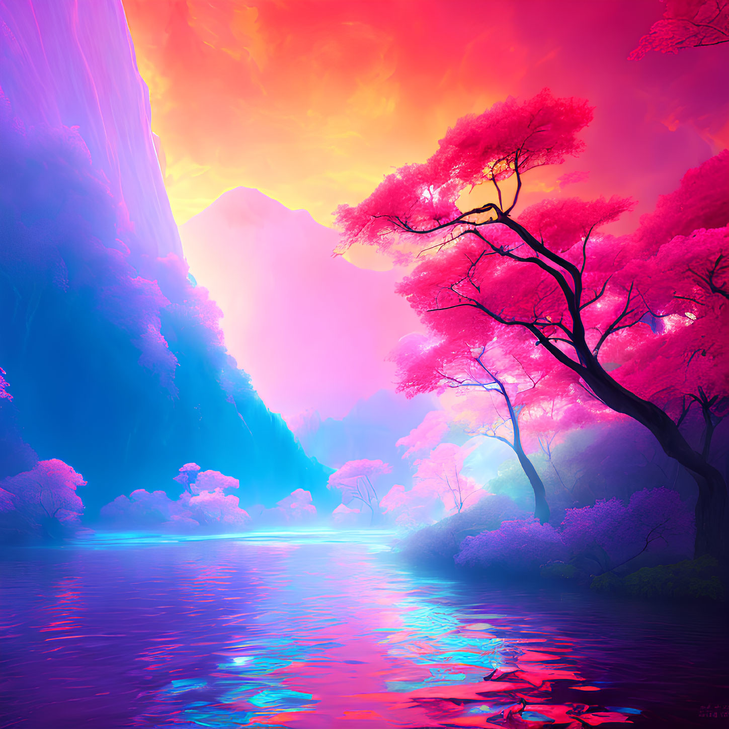 Colorful fantasy landscape with pink and blue sky, glowing river, and mountain backdrop