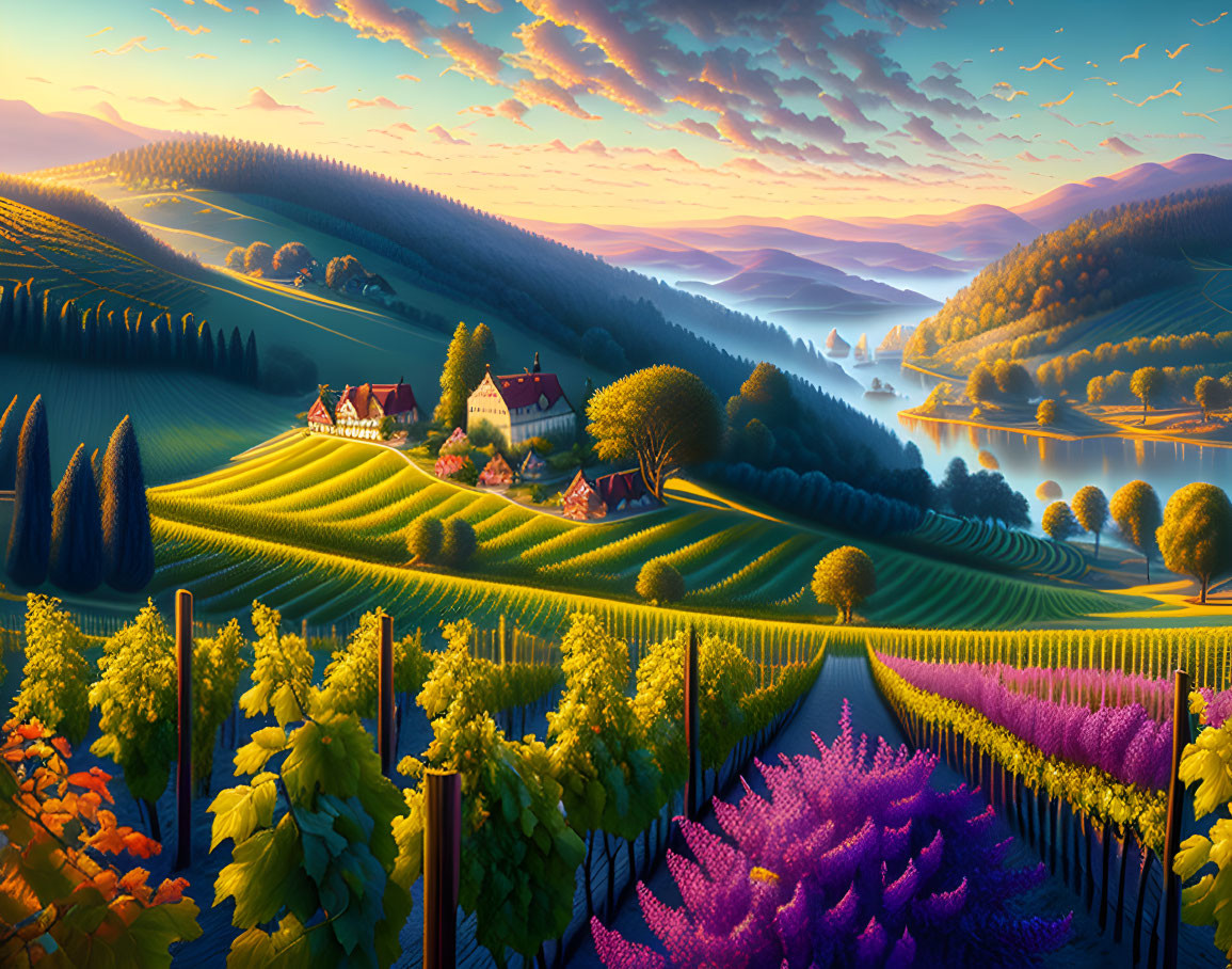 Colorful Vineyard Hills and River Landscape at Sunrise