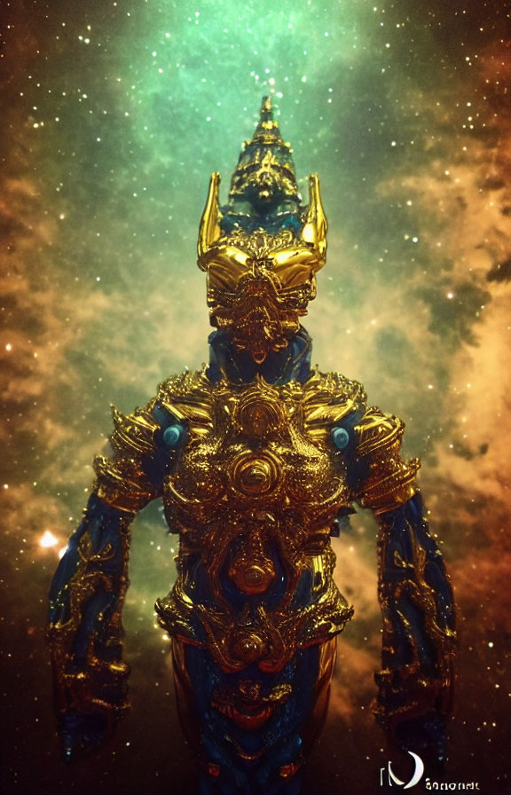 Golden figurine with intricate details on cosmic starry background